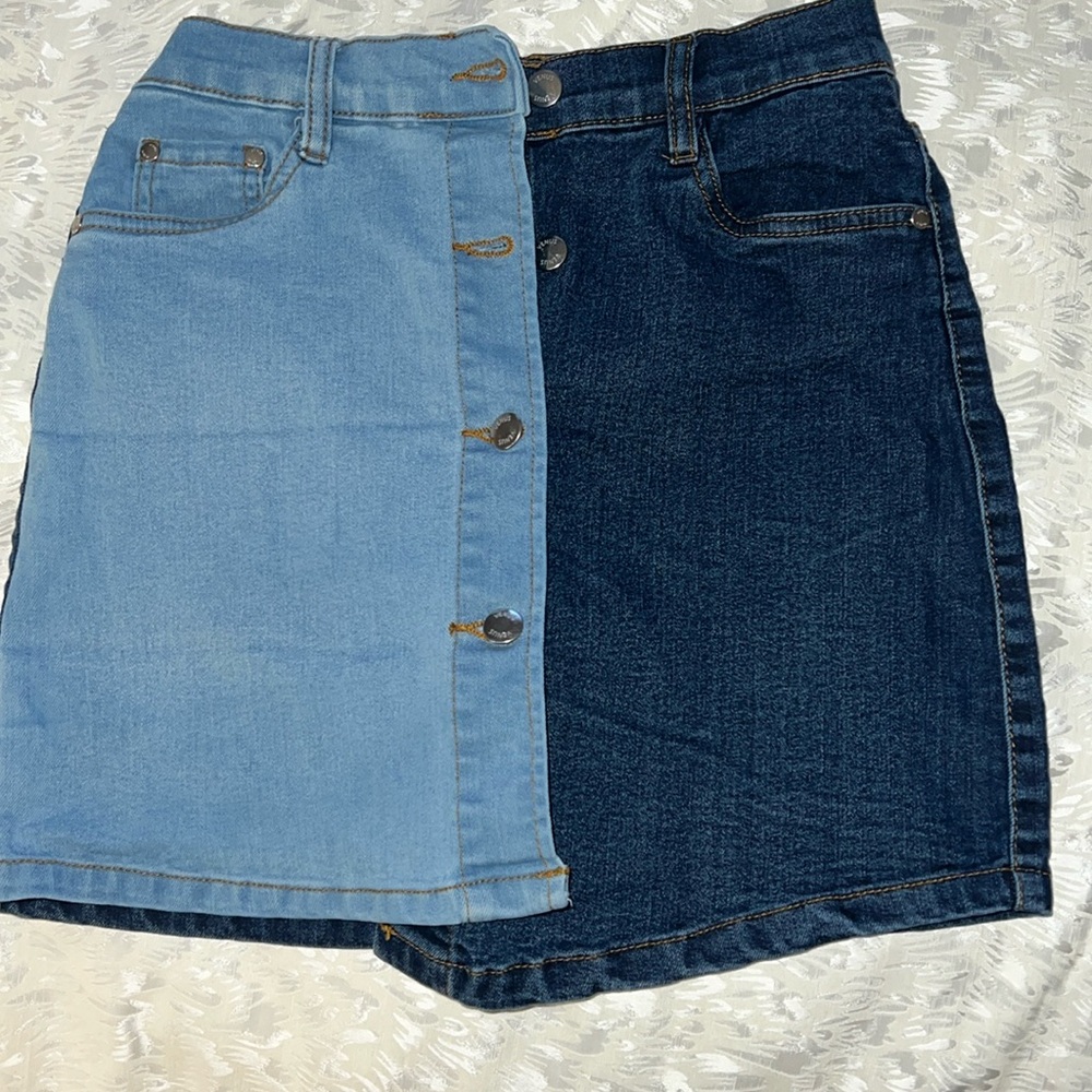 Venus Double Wash Asymmetrical Denim Button Front Mini Skirt